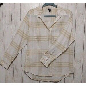 Patagonia Women's Long Sleeve Cotton Plaid Button Up Shirt White Tan Pockets SM